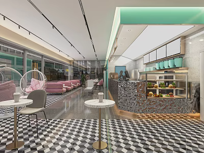 Modern Milk Tea Shop Interior With Checkerboard Floor Pink Sofas Round Tables And Bar Counter 3d model