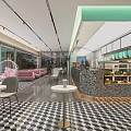 Modern Milk Tea Shop Interior With Checkerboard Floor Pink Sofas Round Tables And Bar Counter