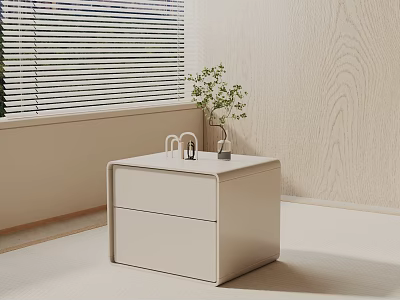 Modern Light Colored Side Table with Two Drawers by Window Blinds and Potted Plant 3d model