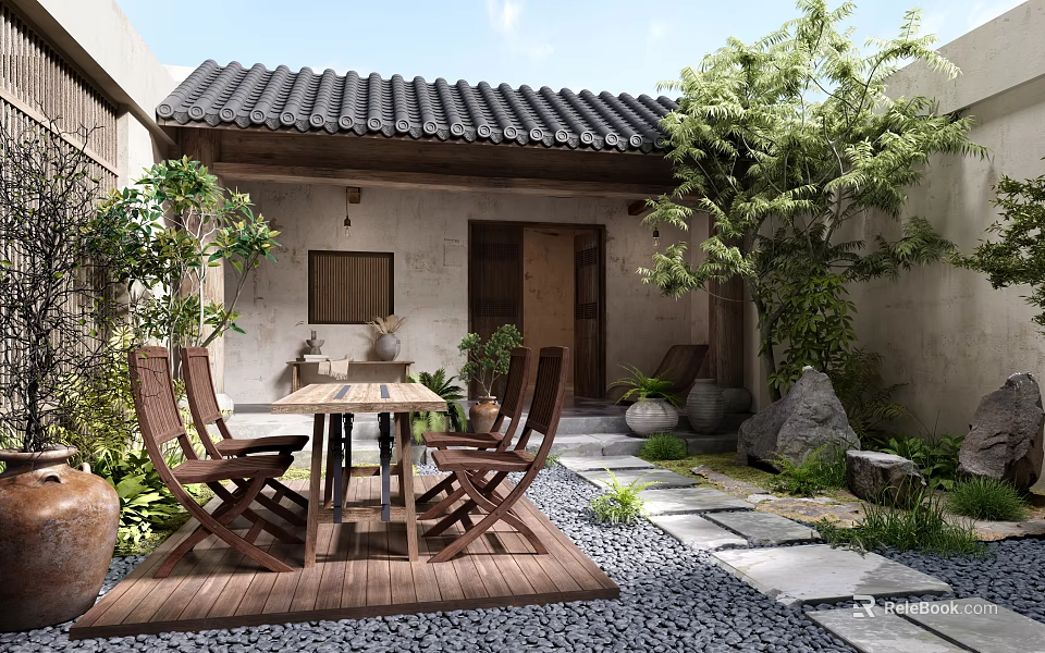 Chinese Courtyard Garden Landscape With Wooden Table Chairs Stone Path And Green Plants 3d model 
