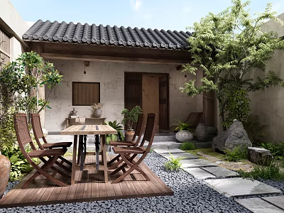 Chinese Courtyard Garden Landscape With Wooden Table Chairs Stone Path And Green Plants 3d model