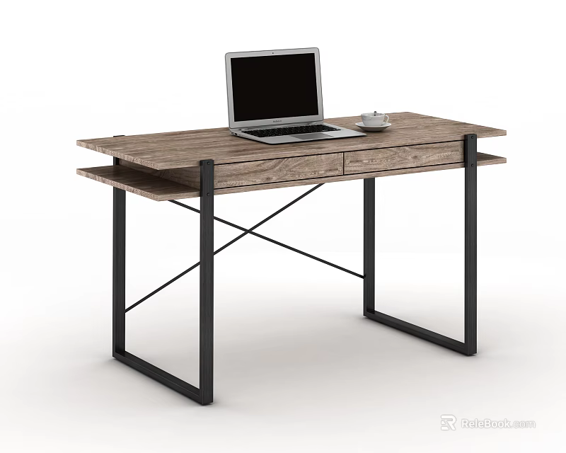 Wooden Top Office Desk With Black Metal Frame Laptop And Coffee Cup 3d model 