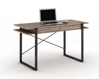 Wooden Top Office Desk With Black Metal Frame Laptop And Coffee Cup 3d model