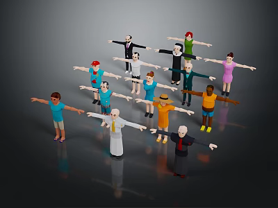Diverse Cartoon Characters Standing Together With Arms Outstretched in a Group 3d model