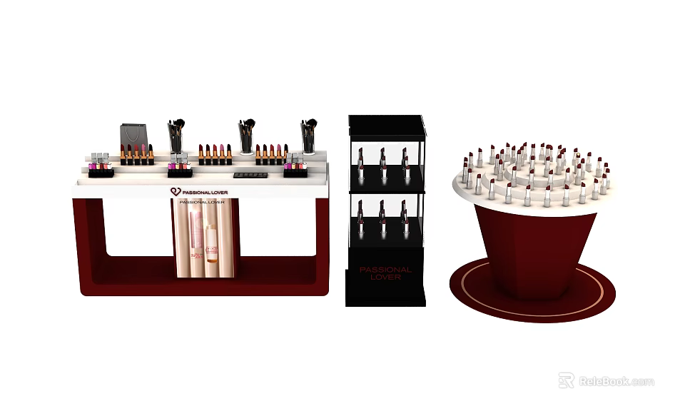 White Countertop Red Base Cosmetic Display Shelves With Standing Racks And Round Platform For Lipsticks 3d model 