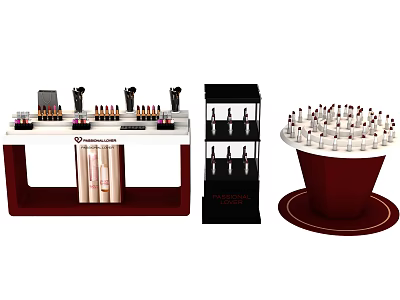 White Countertop Red Base Cosmetic Display Shelves With Standing Racks And Round Platform For Lipsticks 3d model