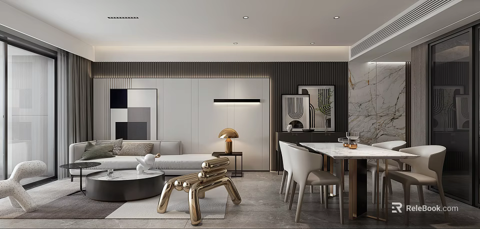 Elegant Modern Living and Dining Room Interior With Sofa Dining Table Chairs And Artwork 3d model 
