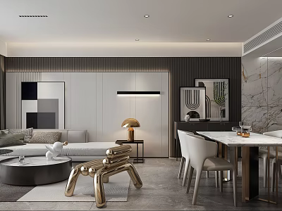 Elegant Modern Living and Dining Room Interior With Sofa Dining Table Chairs And Artwork 3d model