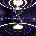 Futuristic Starry Sky Scene With Purple Blue Tones Circular Rings Spiral Staircase And Robots