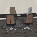 Modern Office Desk With Spacious Surface Two Brown Chairs Lamp And Computer Monitor
