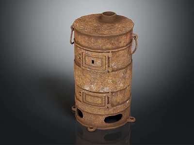 Vintage Rusty Metal Stove With Layered Structure Handles And Air Vents 3d model