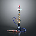 Decorative Traditional Hookah With Gold Accents Blue Hose And Colorful Beads