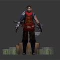 Fantasy Warrior Character With Red Tunic Brown Pants And Double Axes On Wooden Platform Grass