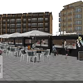 Green Food Truck In Outdoor Dining Area With White Tables Chairs Umbrellas And Menu Board