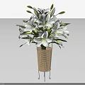 White Lilies In Wicker Vase With Metal Stand And Green Leaves