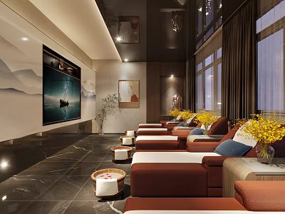Modern SPA Sauna Lounge with Brown Lounge Chairs Yellow Flowers Large Windows and Decorative Art 3d model