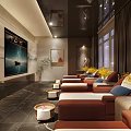 Modern SPA Sauna Lounge with Brown Lounge Chairs Yellow Flowers Large Windows and Decorative Art