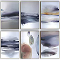 Abstract Paintings Collection In Ink Wash Style With Gray Blue White Tones And Grid Arrangement