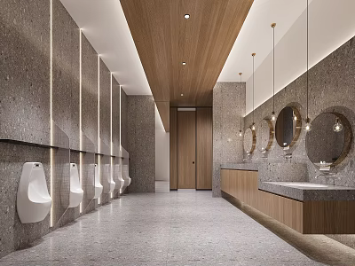 Modern Public Restroom Design With Urinals Vanity Mirrors And Wood Ceiling 3d model