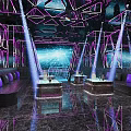 Stylish KTV Interior Design With Purple Neon Lights Geometric Decor And Comfortable Seats