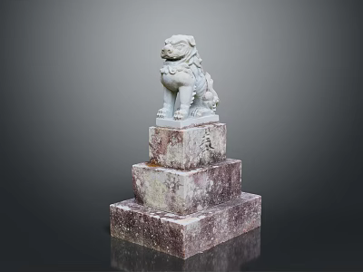 Ancient Stone Lion Statue On Three Tiered Pedestal With Carved Details 3d model