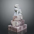 Ancient Stone Lion Statue On Three Tiered Pedestal With Carved Details