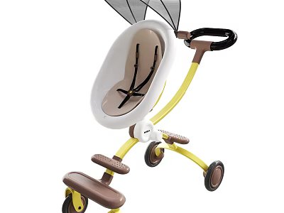 Kids Toddler Chair with Black Handle Canopy Safety Wheels Yellow Brown Frame and White Seat 3d model