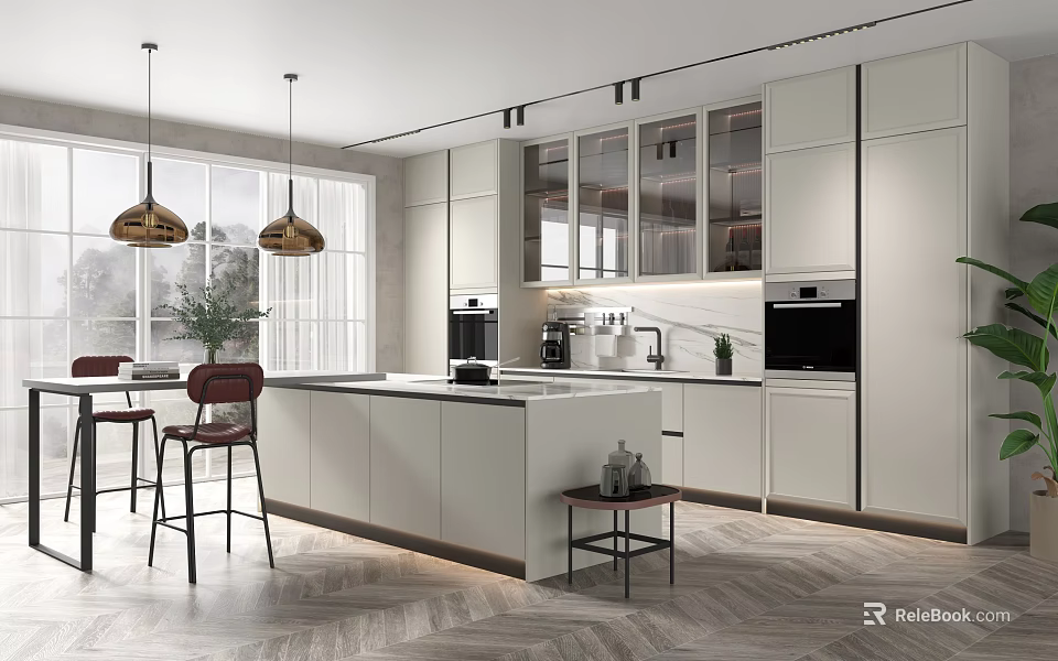 Modern Open Kitchen Interior With White Cabinets Island Pendant Lights And Appliances 3d model 