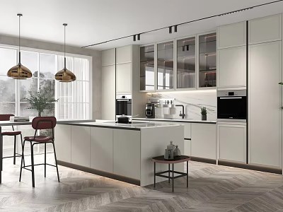 Modern Open Kitchen Interior With White Cabinets Island Pendant Lights And Appliances 3d model