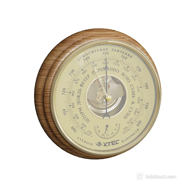 VITEC Wooden Frame Barometer Clock With Cream Dial And Mechanical Pointer For Home 3d model 