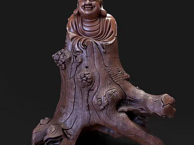 Hand Carved Wooden Maitreya Buddha Sculpture With Tree Base And Lotus Patterns 3d model