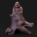 Hand Carved Wooden Maitreya Buddha Sculpture With Tree Base And Lotus Patterns