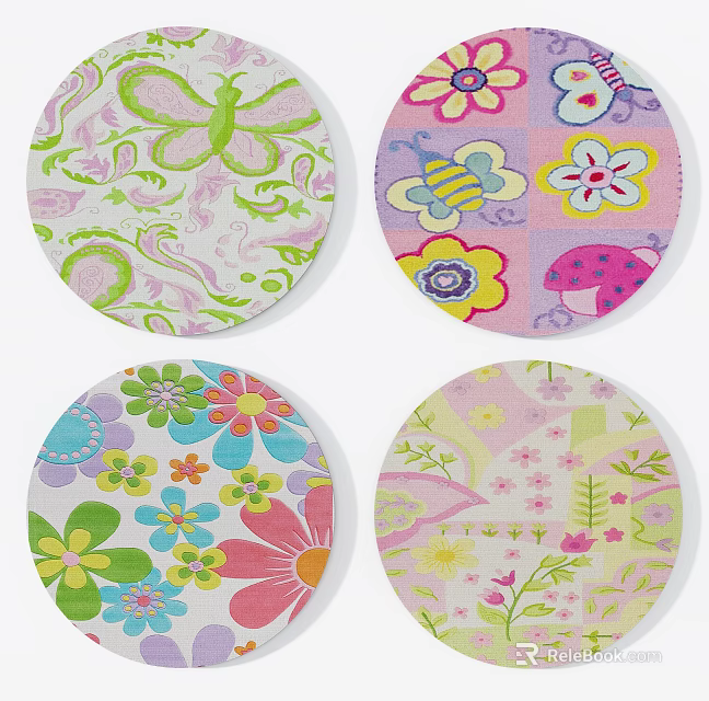 Vibrant Round Rugs Featuring Butterfly Bee Ladybug And Flower Patterns 3d model