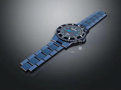 Fashionable Blue Wristwatch With Metal Link Strap And Black Dial Blue Markers 3d model
