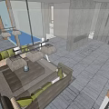 Modern Hotel Lobby Interior With Comfortable Sofa Bookshelf Art Painting And Hanging Lamp