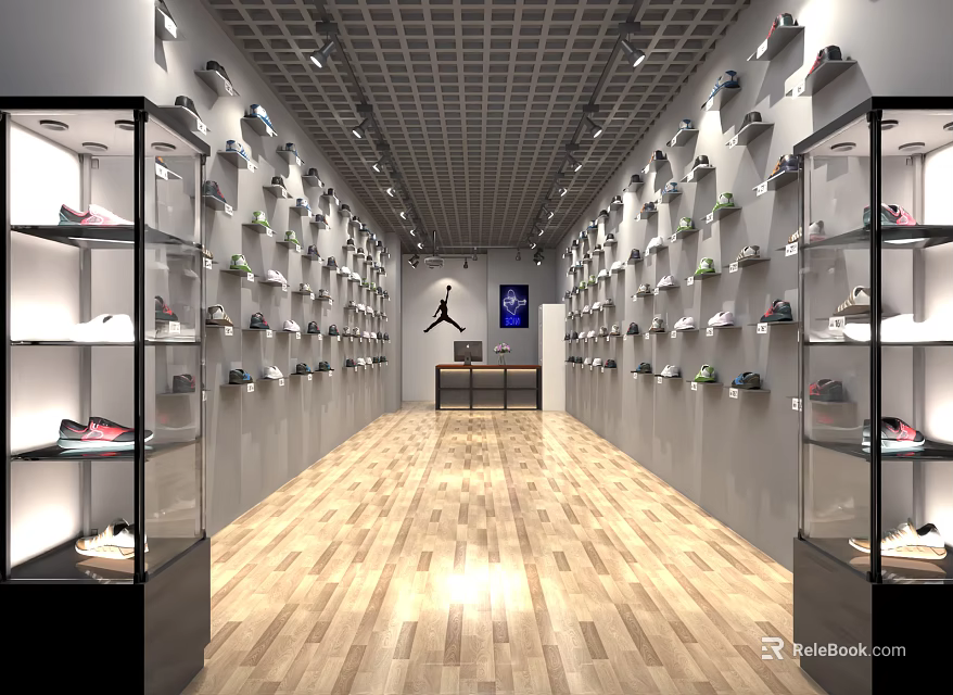 Modern Footwear Store Interior With Shelves Various Shoes Display Table And Brand Logo 3d model 
