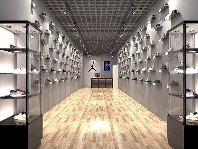 Modern Footwear Store Interior With Shelves Various Shoes Display Table And Brand Logo 3d model