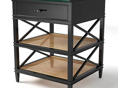 Black Chest of Drawers with Single Drawer and X Shaped Rattan Shelves 3d model