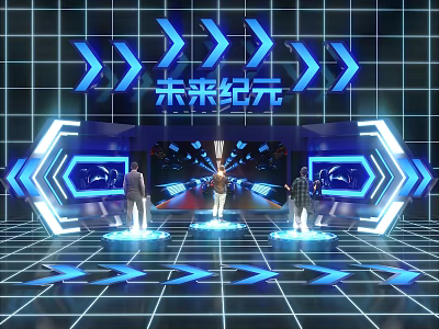 Futuristic Interactive Zone With Blue Arrows Tech Stage And Three People On Illuminated Platforms 3d model