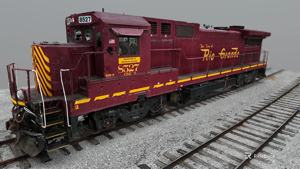 Maroon Rio Grande Train 6927 With Yellow Stripes On Railway Tracks 3d model 