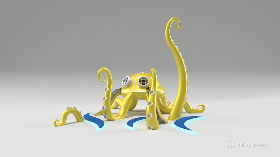 Octopus Shaped Yellow Playground Equipment With Curved Tentacles Blue Waves Round Windows For Kids Fun 3d model 