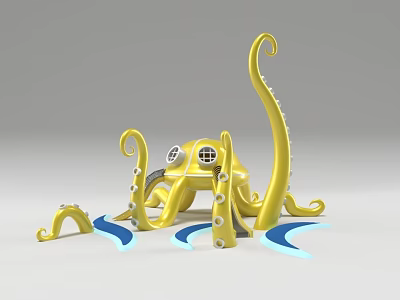 Octopus Shaped Yellow Playground Equipment With Curved Tentacles Blue Waves Round Windows For Kids Fun 3d model