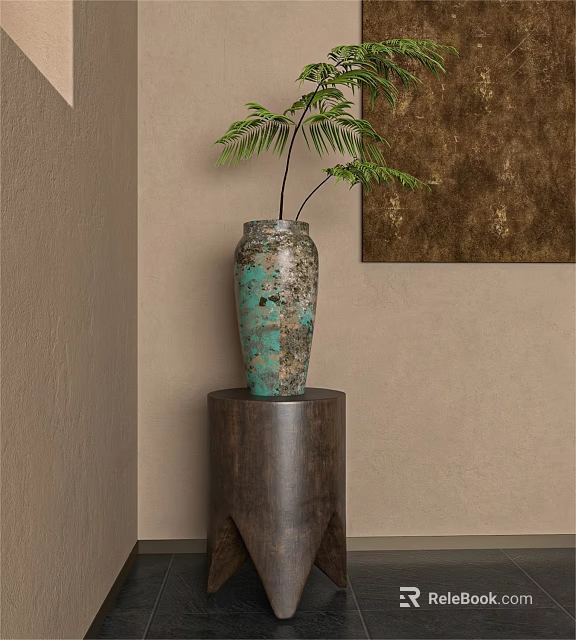 Decorative Potted Fern Plant In Teal Ceramic Vase On Wooden Pedestal Against Beige Wall 3d model 