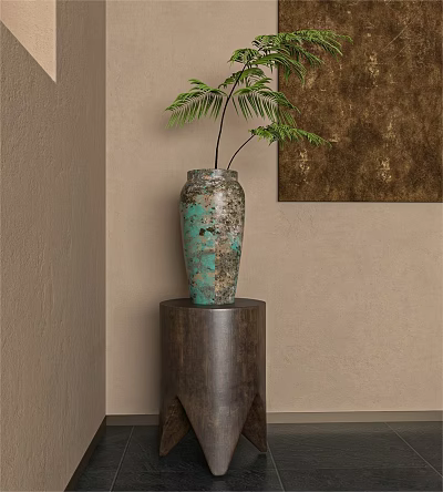 Decorative Potted Fern Plant In Teal Ceramic Vase On Wooden Pedestal Against Beige Wall 3d model
