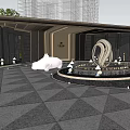 Modern Residential Building Entrance Featuring Central Fountain Sculpture Lamp Posts Greenery And Paved Square