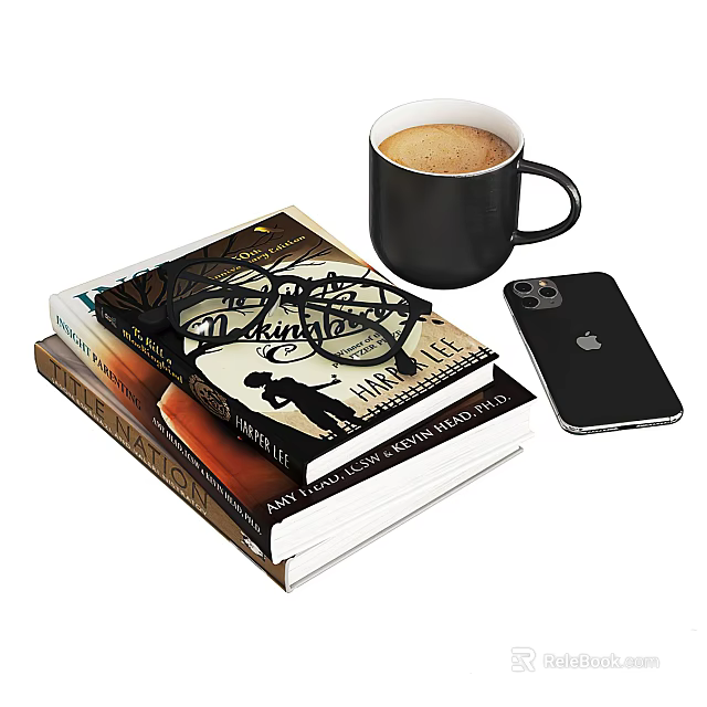 Books Stack With Coffee Cup And Smartphone 3d model