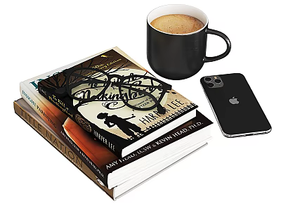 Books Stack With Coffee Cup And Smartphone 3d model
