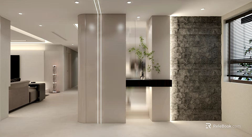 Modern Foyer Hallway With Lighting Stone Wall And Greenery 3d model 