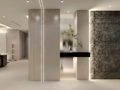 Modern Foyer Hallway With Lighting Stone Wall And Greenery 3d model