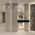 Modern Foyer Hallway With Lighting Stone Wall And Greenery